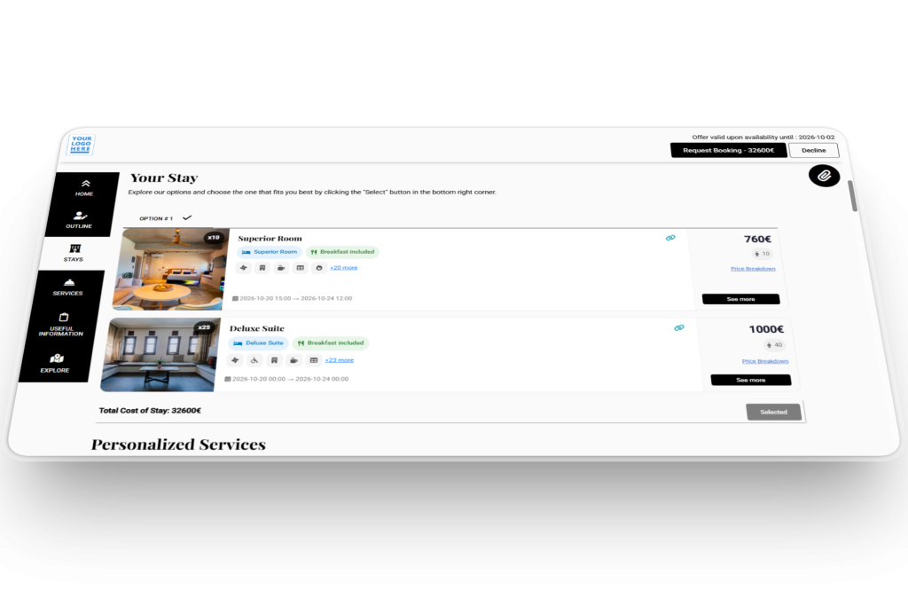 Your Stay Section : Includes all the Rooms that the guests will stay in a hotel in MICE proposal.